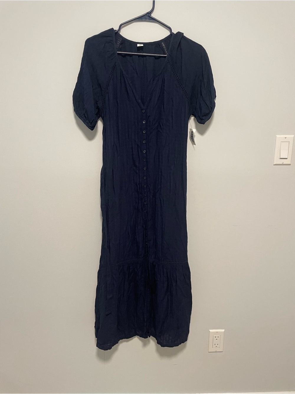 Old Navy Women’s Blue Eyelet Midi Long Dress Short Puff Sleeve Size XS NWT